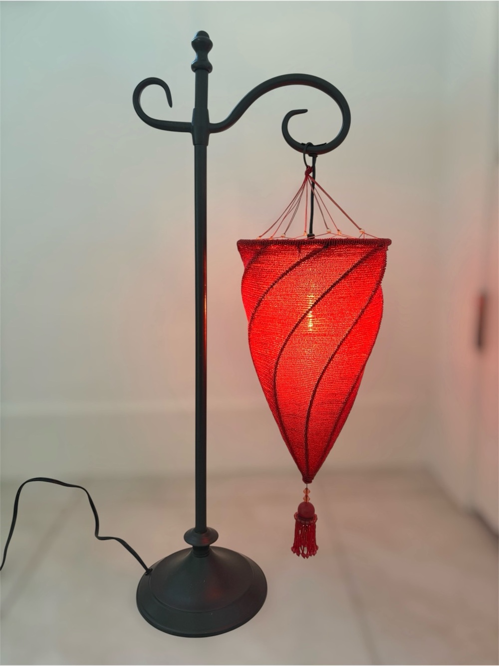Vintage Moroccan Style Red Beaded Hanging Lantern Table Lamp 27”